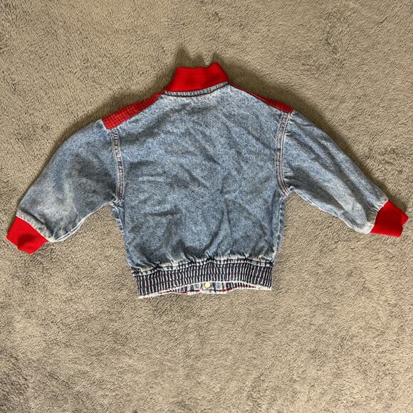 Vintage 80s Lee Kids Denim Bomber Jacket Red Knit Trim Union Made in USA 3T - Picture 5 of 9